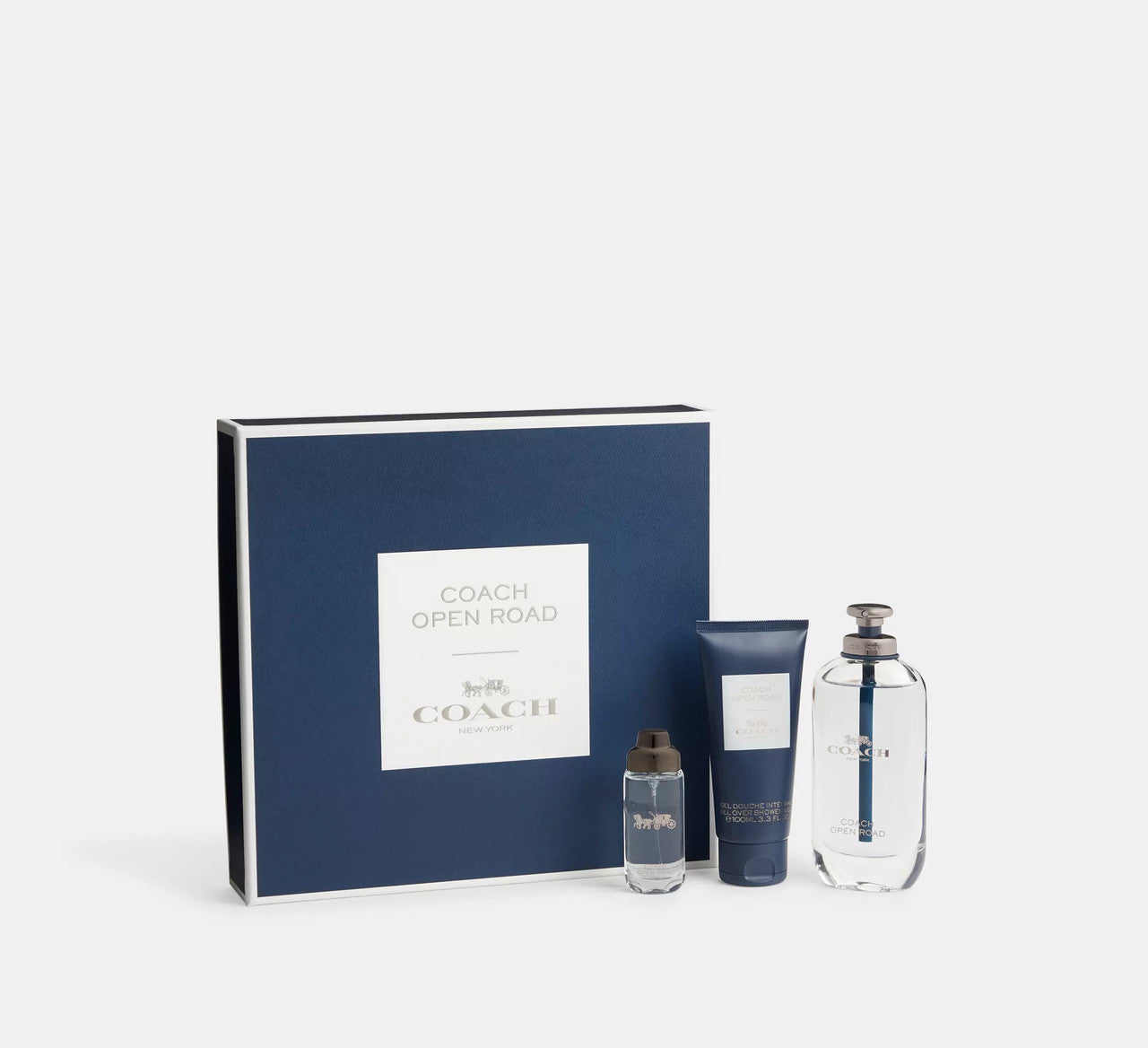 COACH OPEN ROAD 3 PCS SET FOR MEN: 3.3 EAU DE TOILETTE SPRAY + 0.5 EAU DE TOILETTE SPRAY + 3.3 SHOWER GEL.