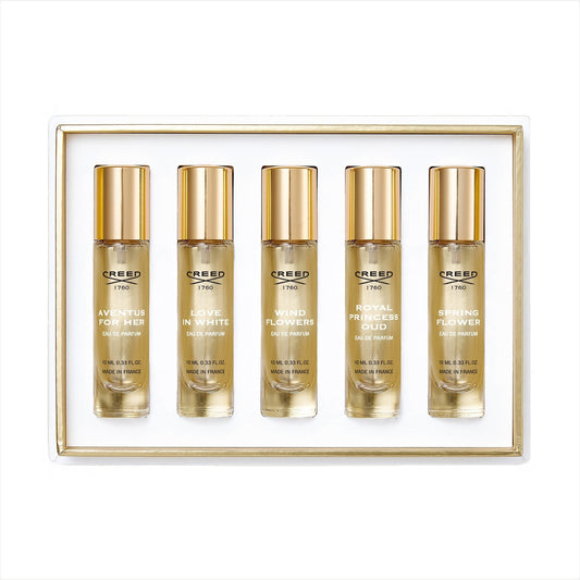 CREED 5 * 0.33 EAU DE PARFUM SPRAY SET FOR WOMEN: AVENTUS FOR HER + LOVE IN WHITE + WIND FLOWERS + ROYAL PRINCESS OUD + SPRING FLOWER