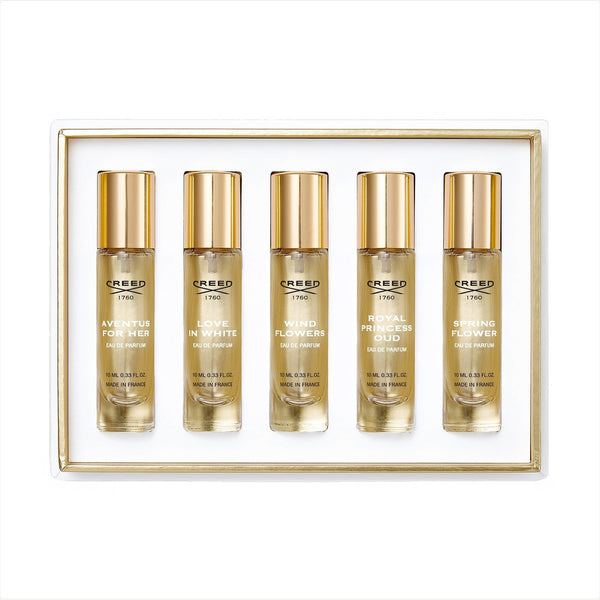 CREED 5 * 0.33 EAU DE PARFUM SPRAY SET FOR WOMEN: AVENTUS FOR HER + LOVE IN WHITE + WIND FLOWERS + ROYAL PRINCESS OUD + SPRING FLOWER