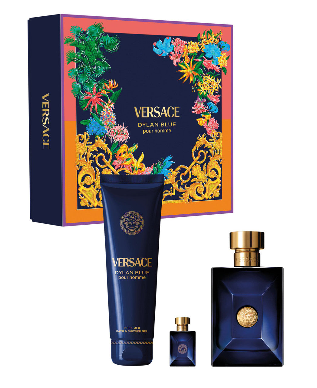 VERSACE DYLAN BLUE 3 PCS SET FOR MEN: 3.4 EAU DE TOILETTE SPRAY + 5 ML EAU DE TOILETTE MINI + 5 OZ BATH & SHOWER GEL.